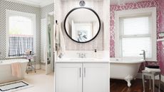 We love small bathroom wallpaper ideas like seen in three pictures - one with black and white ornate wallpaper and glass trolley, one with gray wallpaper and a round black mirror one with dark pink wallpaper, and dark wooden flooring