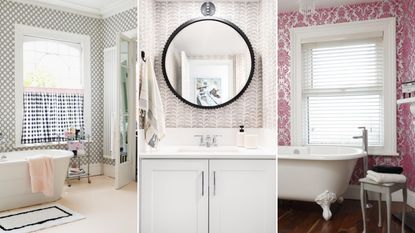 We love small bathroom wallpaper ideas like seen in three pictures - one with black and white ornate wallpaper and glass trolley, one with gray wallpaper and a round black mirror one with dark pink wallpaper, and dark wooden flooring