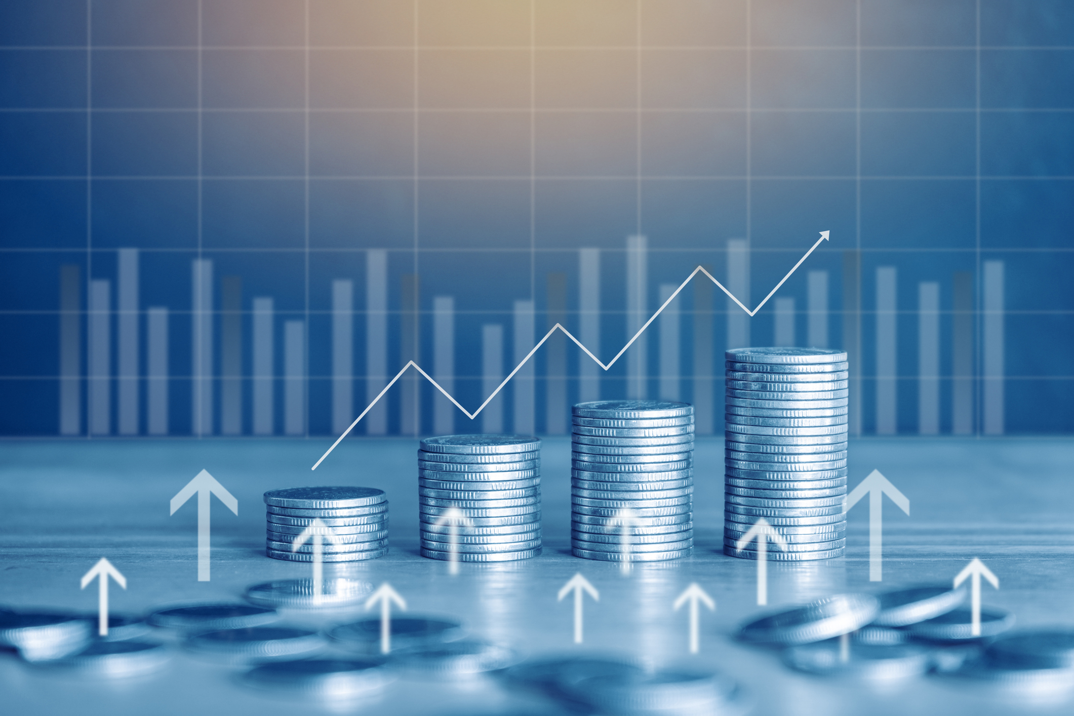 Stack of money coin with graph and chart, financial investment concept