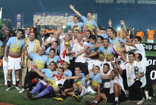 Egypt players celebrate after winning the Africa Cup of Nations in January 2010.