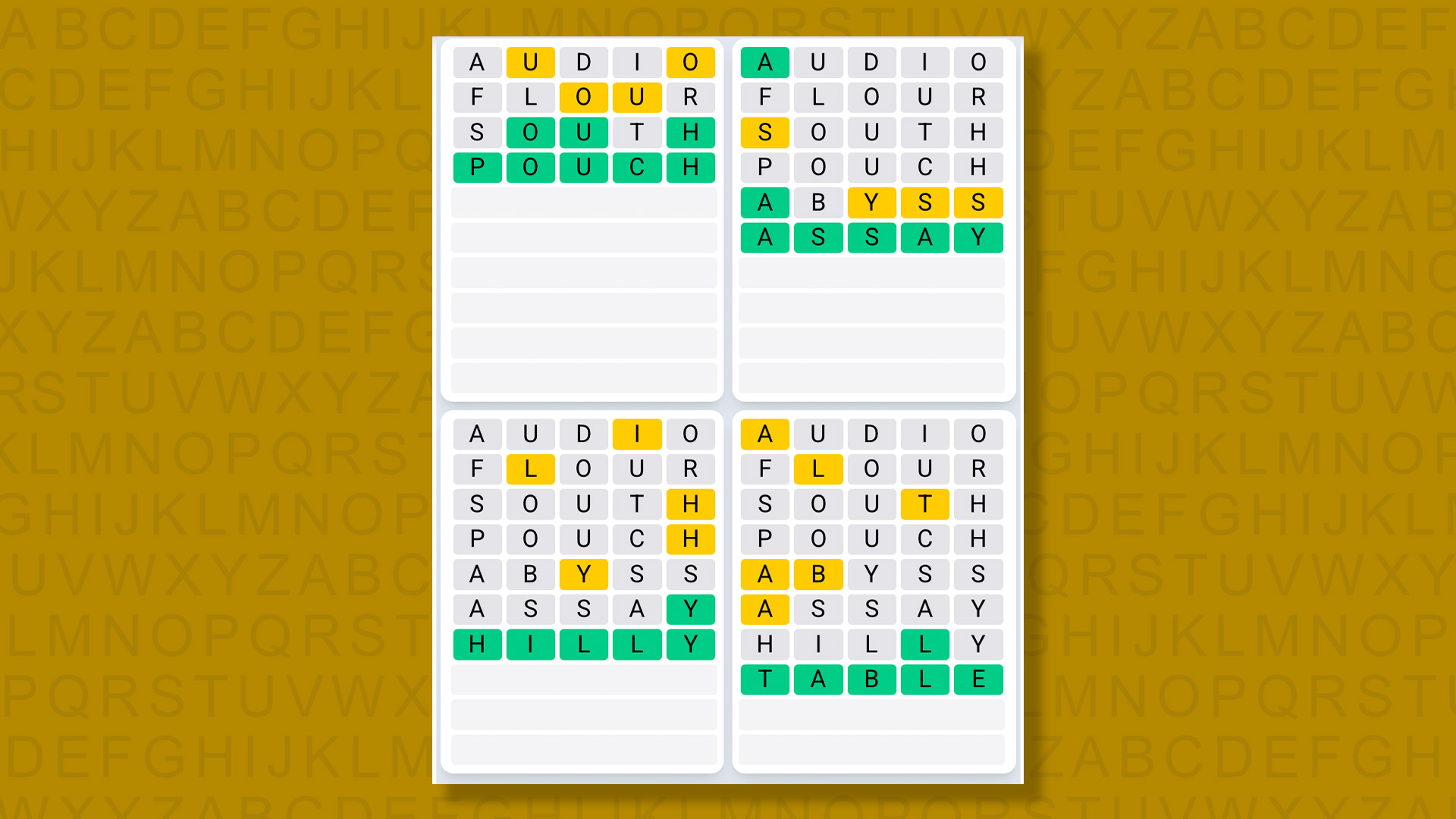 Quordle Daily Sequence answers for game 1445 on a yellow background
