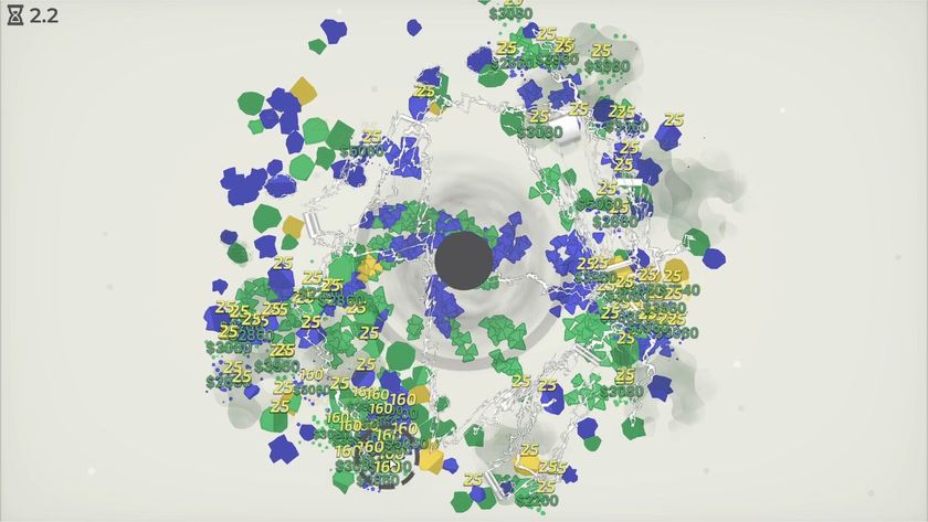 Screenshot from A Game About Feeding a Black Hole, showing a black hole with colorful asteroids orbiting it.