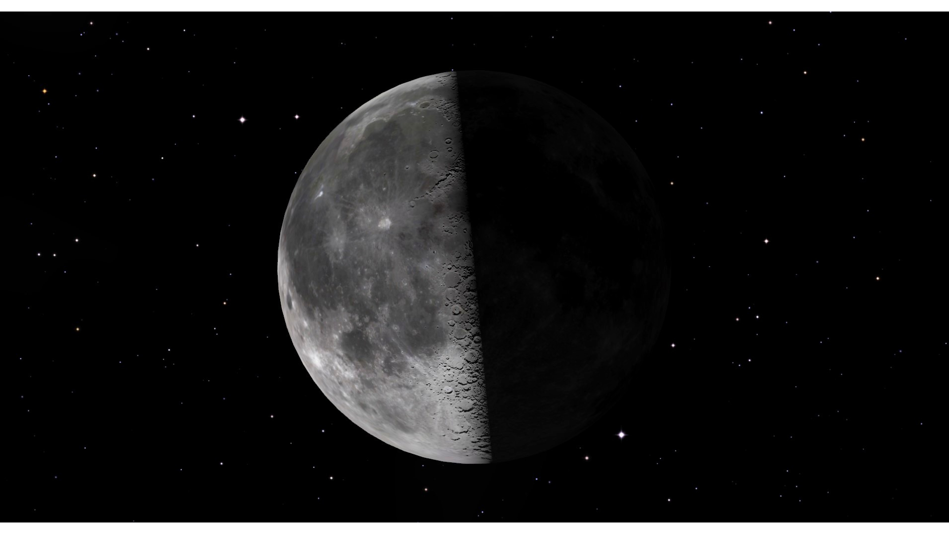 A close up of the third quarter moon in the night sky, with the left half illuminated and the right half darkened.