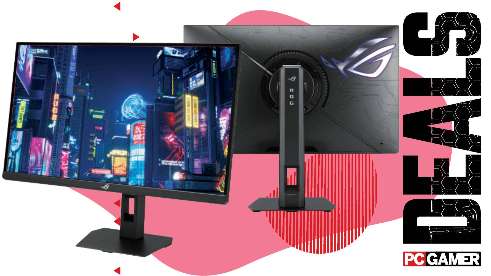 Two of the Asus ROG Strix XG27JCG gaming monitor float in the funky PC G deal void.