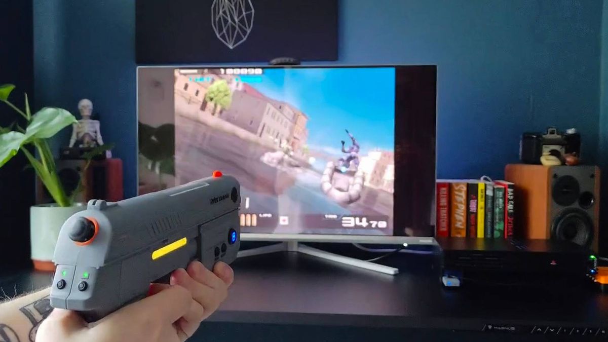 Hands using Intec Time Breaker Lightgun to shoot merc in speedboat in Time Crisis 2 on PS2.
