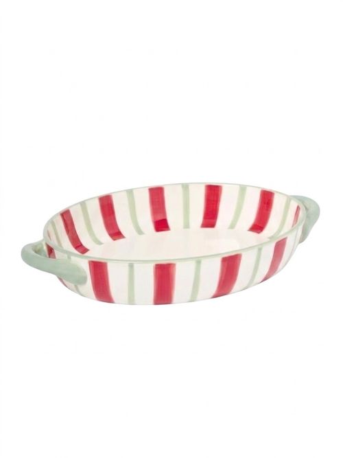 Striped Oval Stoneware Roaster, 30cm, Red/white