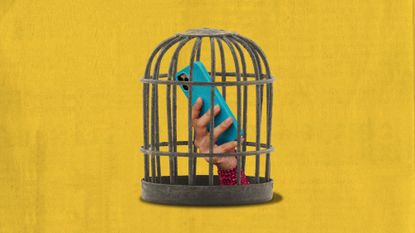 Photo collage of a teen's hand holding a smartphone in a colourful case, locked inside a birdcage