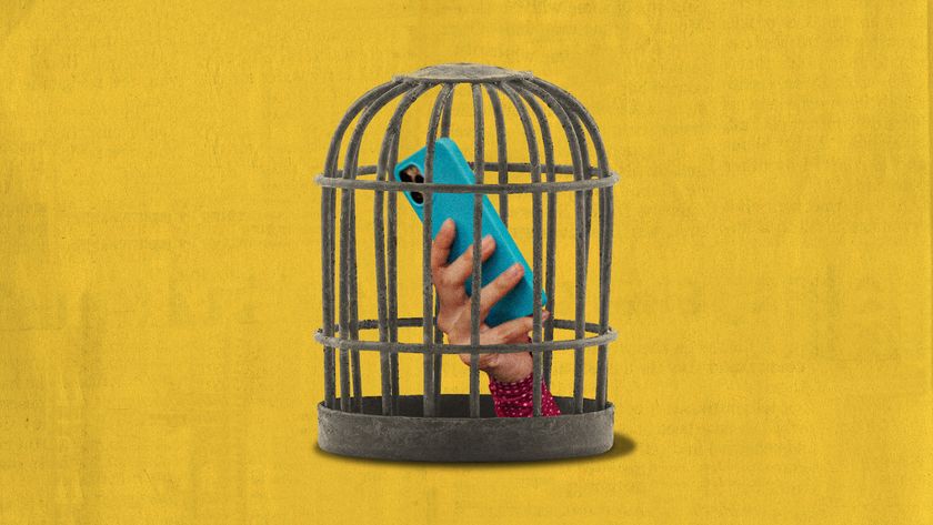 Photo collage of a teen's hand holding a smartphone in a colourful case, locked inside a birdcage