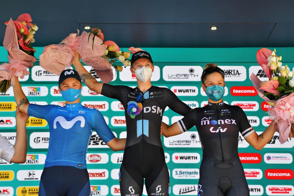 MORTEGLIANO ITALY JULY 09 Emma Norsgaard Jorgensen of Denmark and Movistar Team Lorena Wiebes of Netherlands and Team DSM Maria Vittoria Sperotto of Italy and AR Monex Womens Pro Cycling Team celebrate at podium during the 32nd Giro dItalia Internazionale Femminile 2021 Stage 8 a 1294km stage from San Vendemiano to Mortegliano GiroDonne UCIWWT on July 09 2021 in Mortegliano Italy Photo by Luc ClaessenGetty Images
