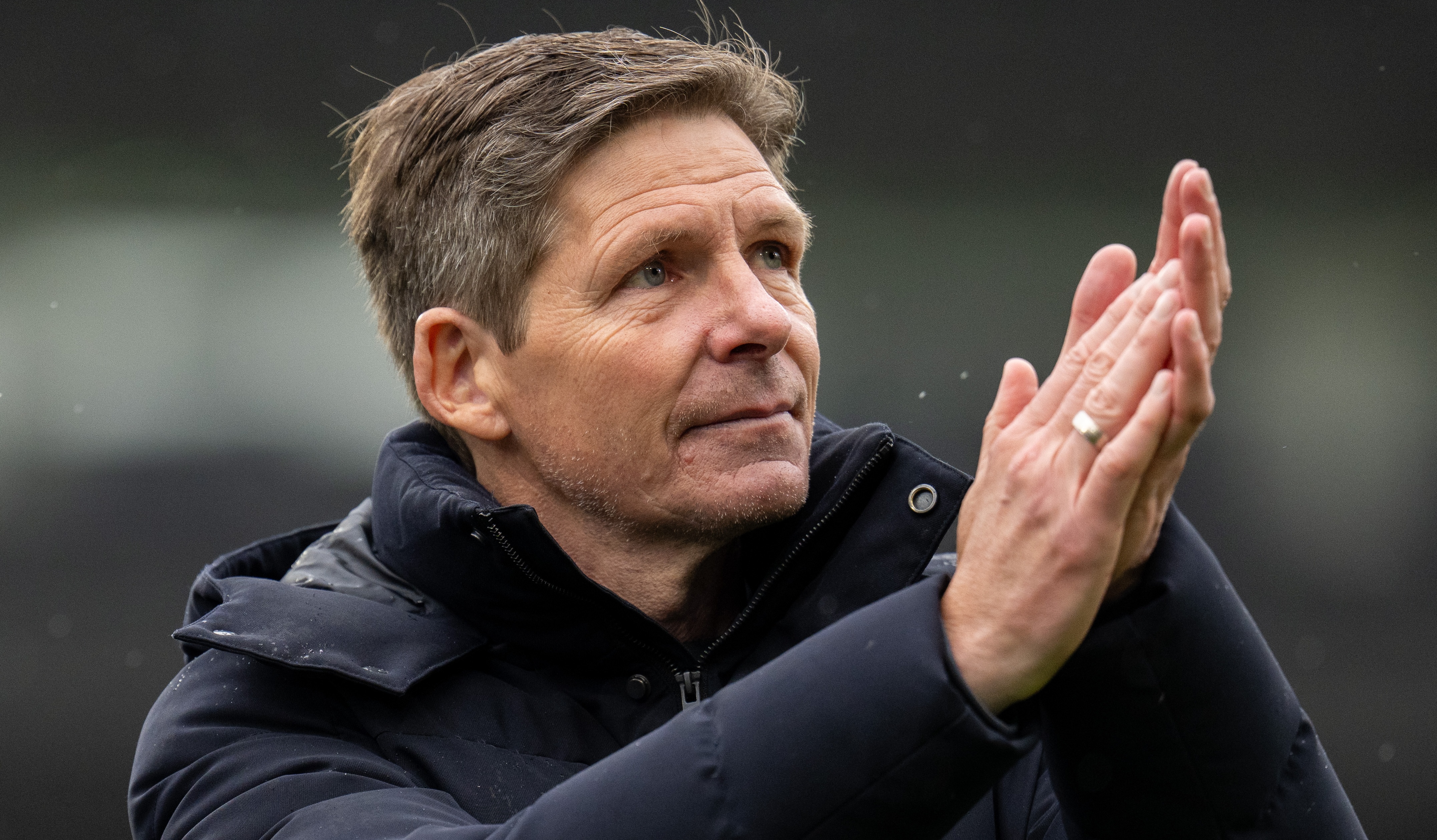 Crystal Palace manager Oliver Glasner applauds the Crystal Palace fans at the end of the Premier League game against Everton