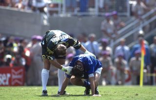 Italy's Franco Baresi is consoled by Brazil goalkeeper Taffarel after his penalty miss in the shootout in the 1994 World Cup final.