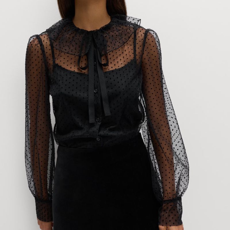 Polka Dot Tie Neck Frill Detail Blouse on model 