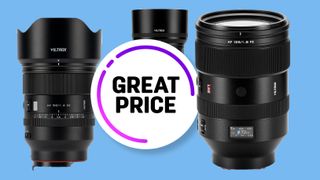 Three Viltrox lenses next to a sign that says "Great Price'.