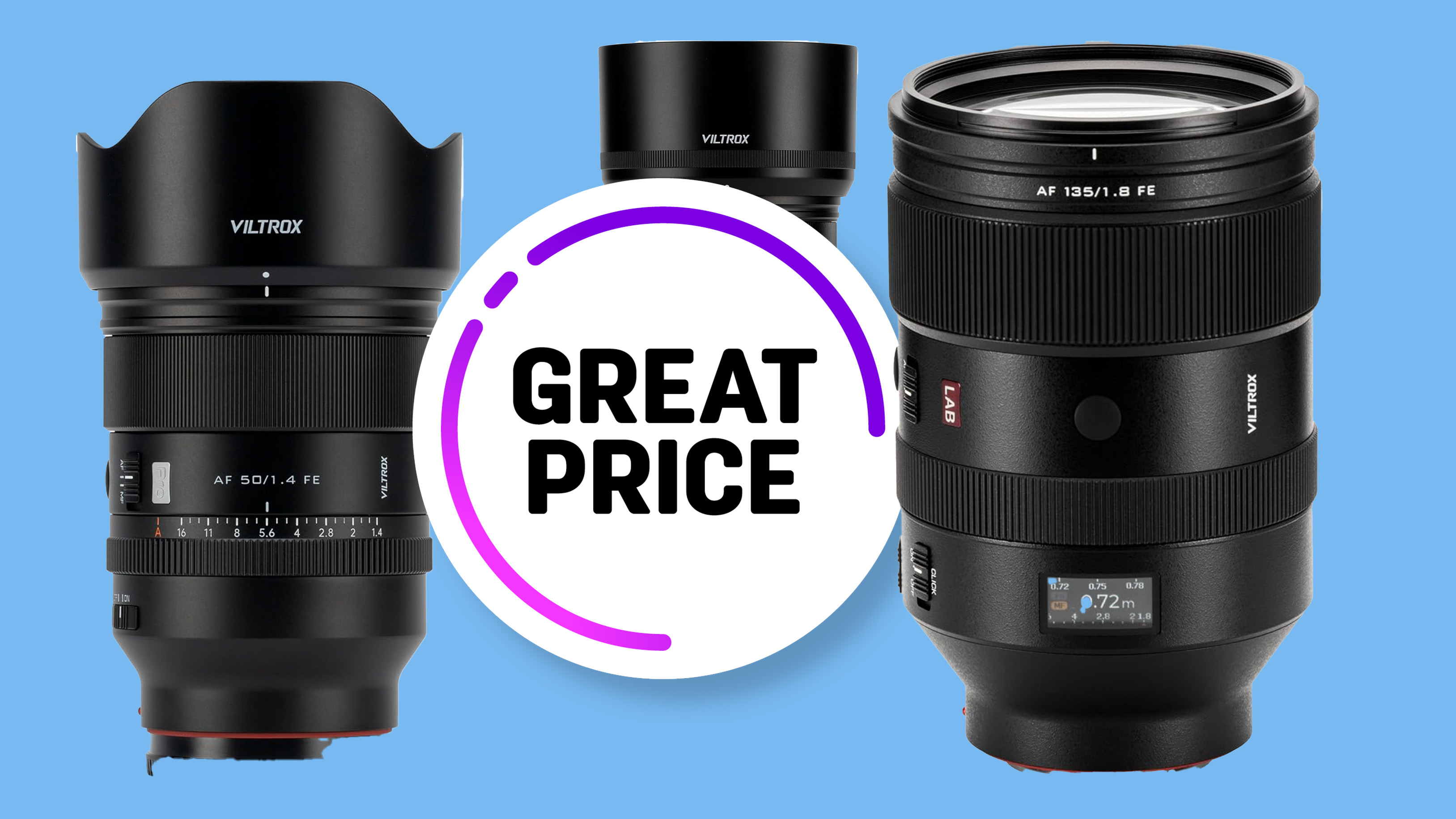 Three Viltrox lenses next to a sign that says "Great Price'.