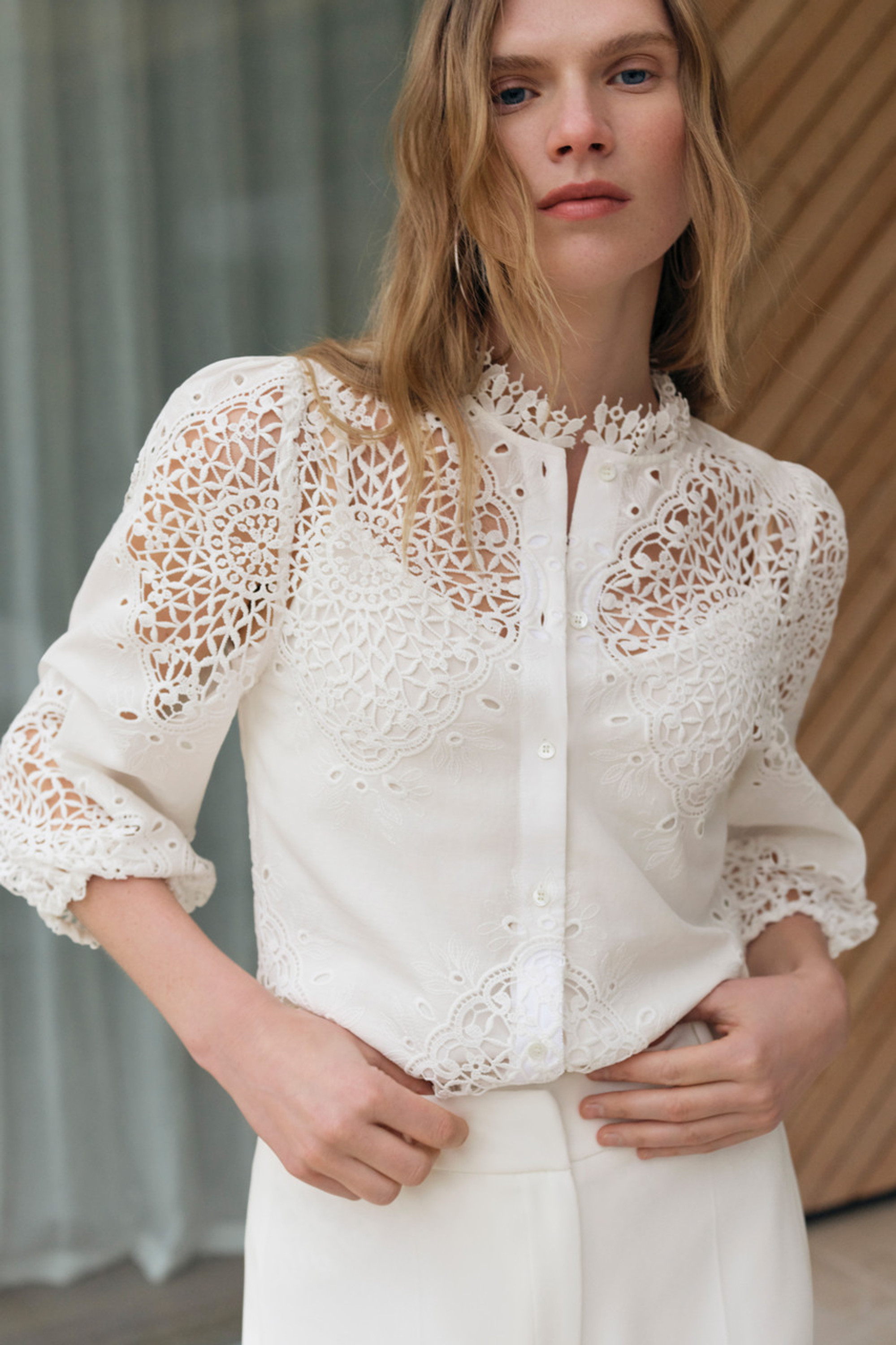 Lysia Cotton Blend Broderie Blouse Ivory