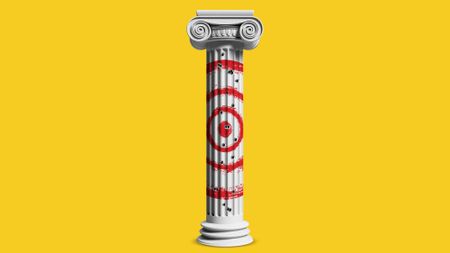 Illustration of a judicial column painted with a bullseye and riddled with bullet holes