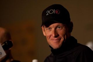 Lance Armstrong (Radioshack) fields questions from the press.