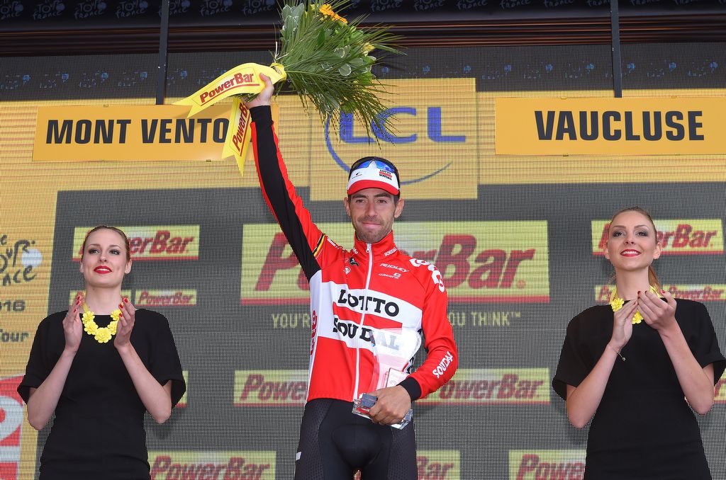 Thomas De Gendt (Lotto Soudal) on the podium as stage winner