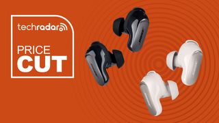 Bose QuietComfort Ultra earbuds in black and white with TechRadar deal imagery