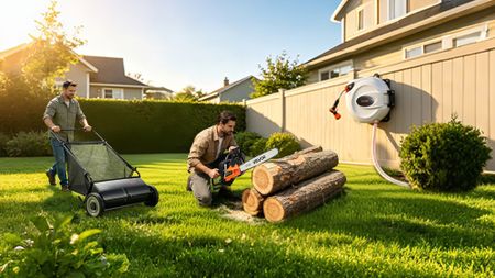 2 men in garden doing chores