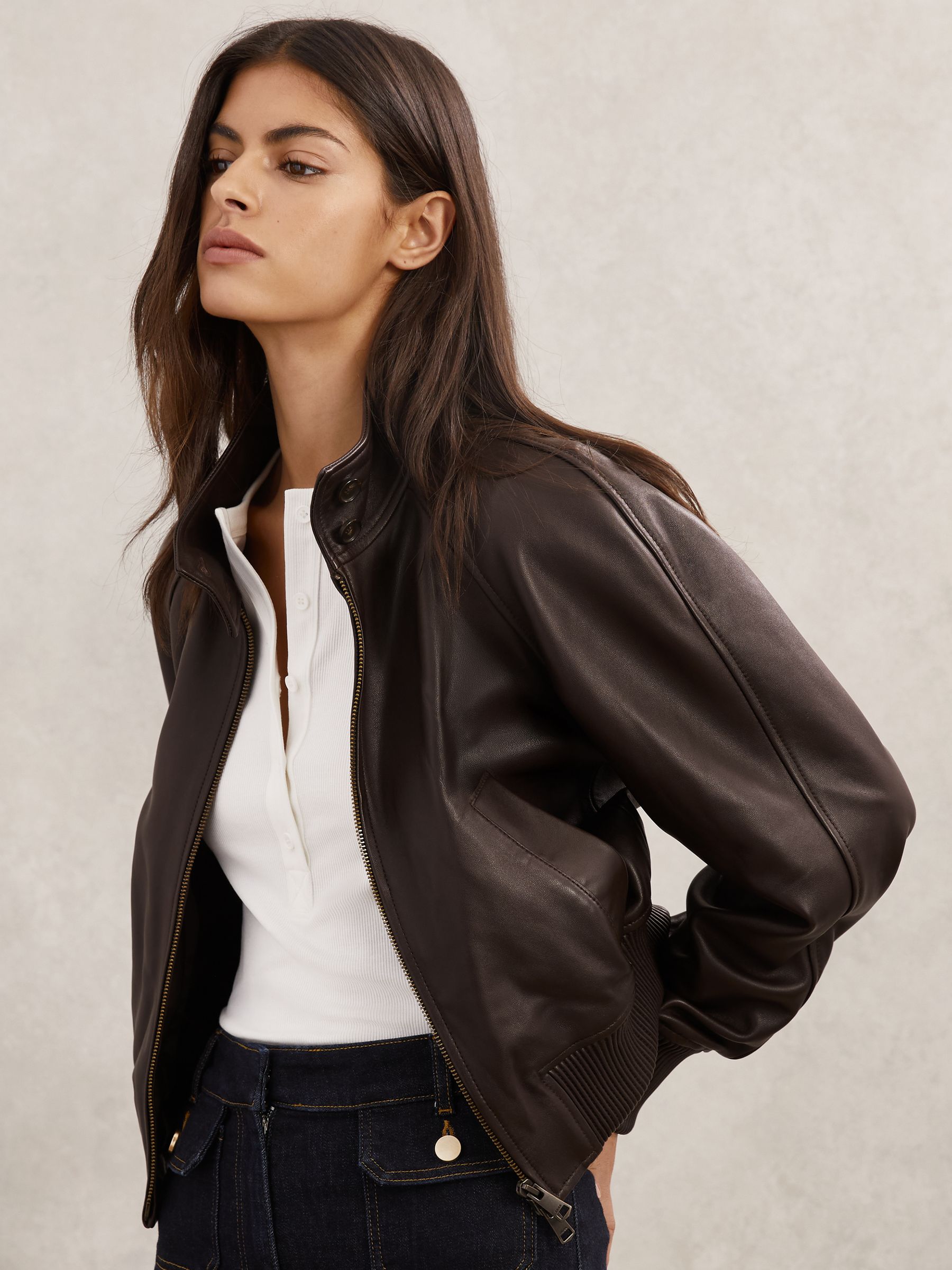 Leather Funnel-Neck Bomber Jacket in Chocolate Brown