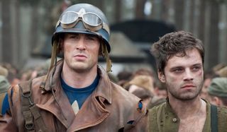 Captain America: The First Avenger Cap and Bucky standing in the woods