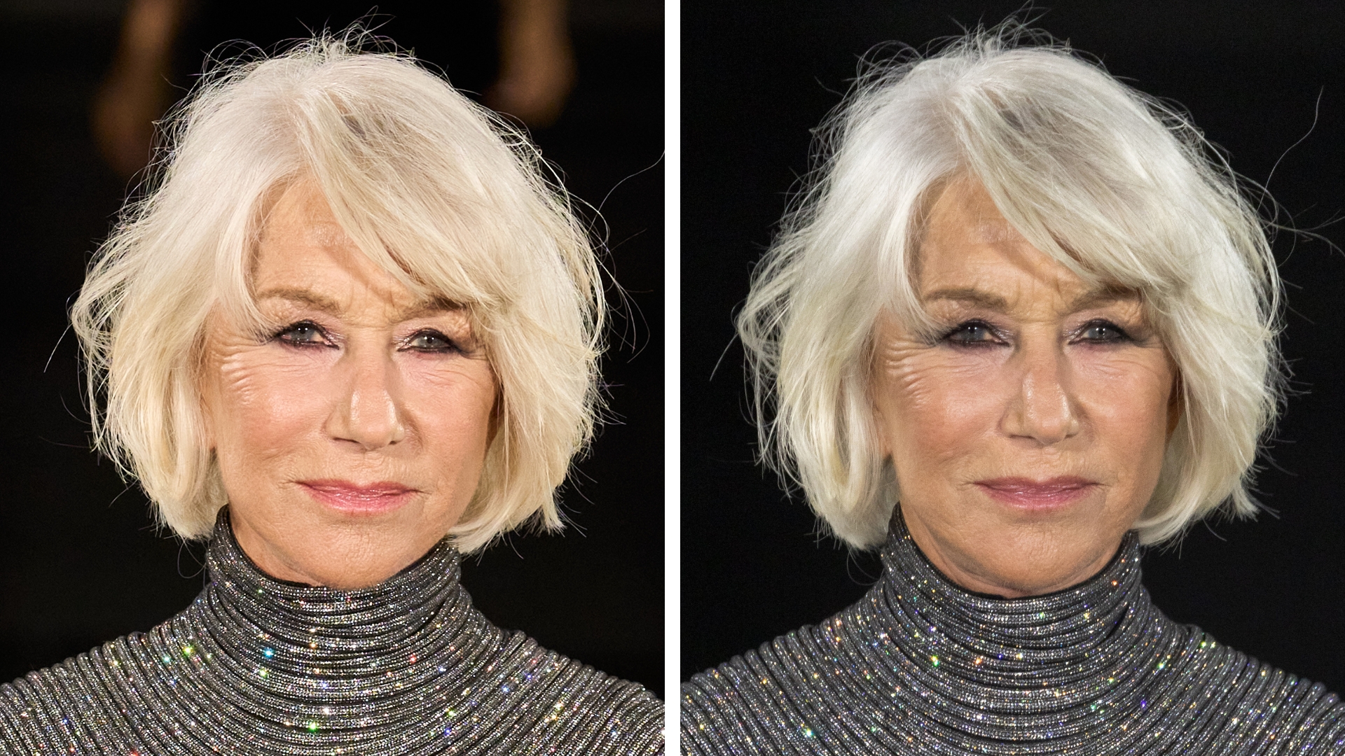 Collage of images showing Helen Mirren with a white tousled bob and smokey eye, wearing a crystal-embellished black high-neck gown