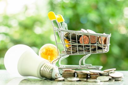 A tiny shopping cart filled with change with a light bulb lying next to it. 
