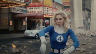 Sue Storm in front of "Subzero Intel" theater marquee in trailer for The Fantastic Four: First Steps