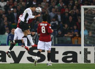 Cristiano Ronaldo powers home a header for Manchester United against Roma in the teams' Champions League quarter-final at the Stadio Olimpico in 2008.
