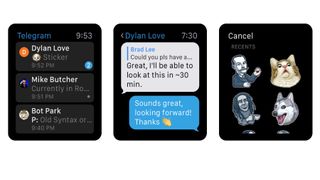 Skjermbilder fra appen Telegram på Apple Watch.