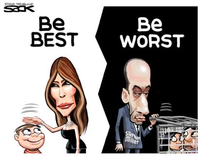 Political Cartoon U.S. Stephen Miller Melania Trump immigrant children