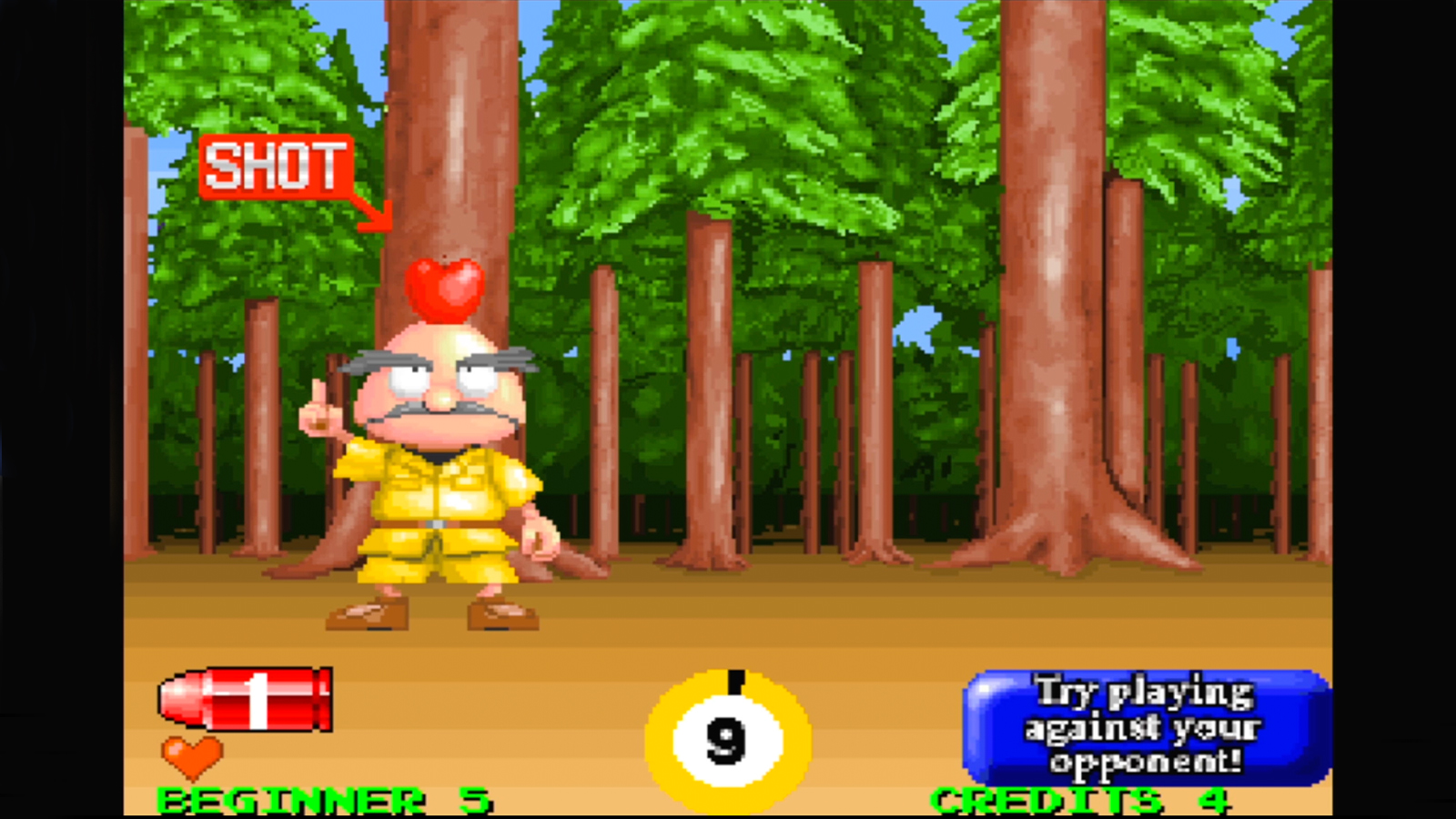 A cartoon man with an apple on his head