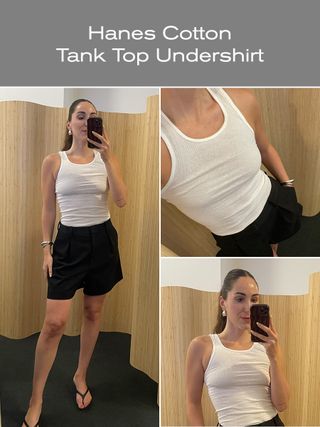 Editor trying on the best white tank tops.