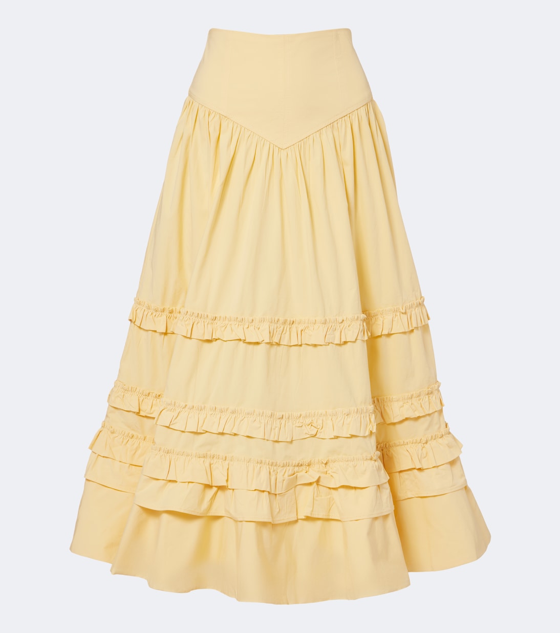 Ruffled Shirred Tiered Cotton-Blend Midi Skirt in Yellow - Ganni