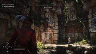 Assassin's Creed Black Flag Resynced edward in a mayan temple statue looking at James Kidd and a red statue on the other side of a chasm in a temple