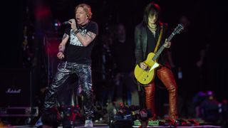 Axl Rose (L) and Richard Fortus (R) of Guns N' Roses performs at Day 4 of Glastonbury Festival 2023 on June 24, 2023 in Somerset, United Kingdom.