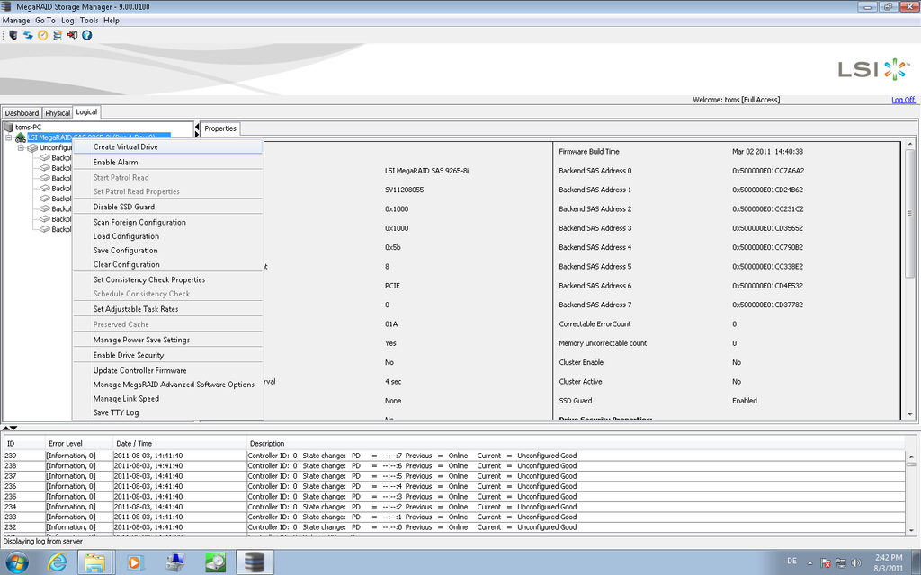 LSI MegaRAID 92658i RAID Software And Array Setup Four SAS 6 Gb/s