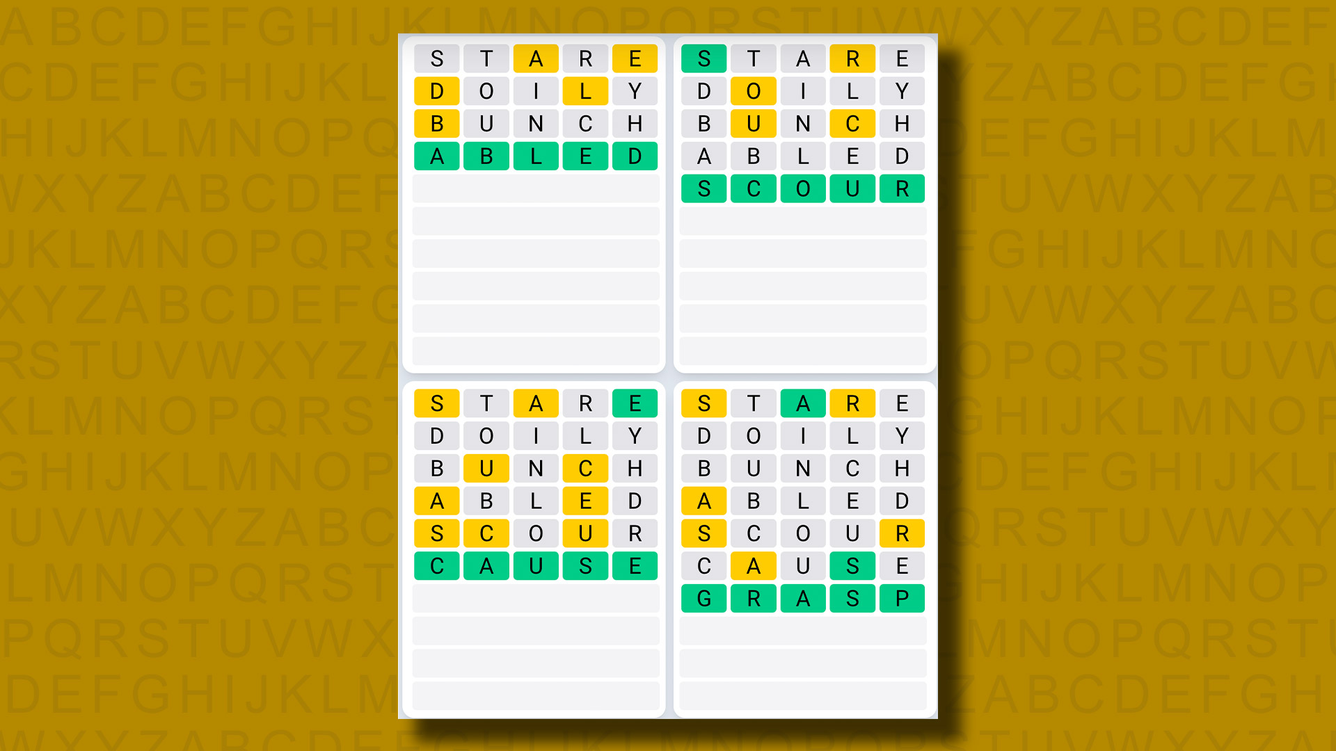 Quordle Daily Sequence answers for game 1024 on a yellow background