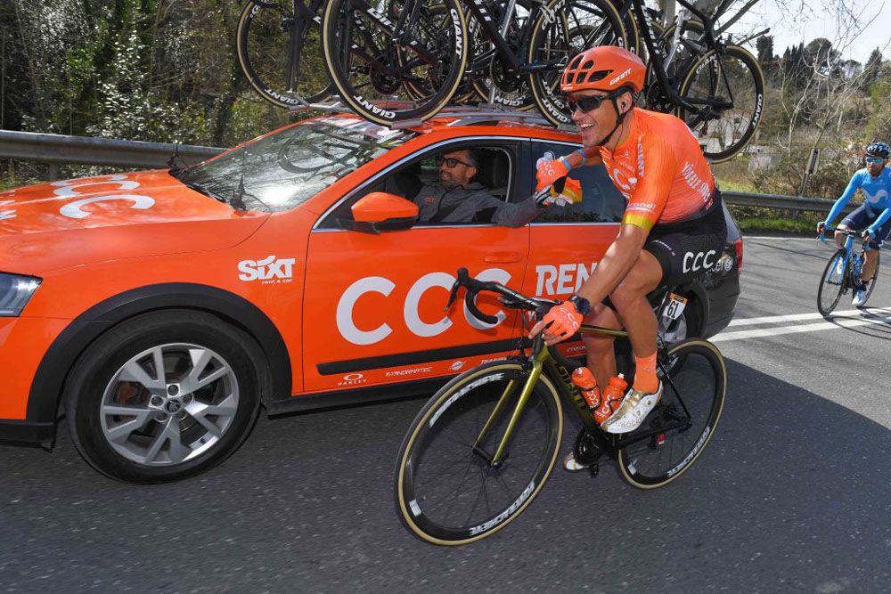 Greg Van Avermaet (Team CCC) drops back to the team car in Tirreno.