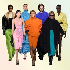 A collage showing neon runway looks from the F/W 25 shows, including hot pink, turquoise, yellow, lime green, cerulean, violet, and orange.