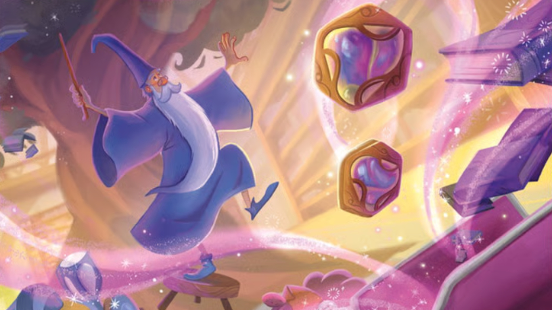 Merlin casts a spell, with ink drops flying nearby
