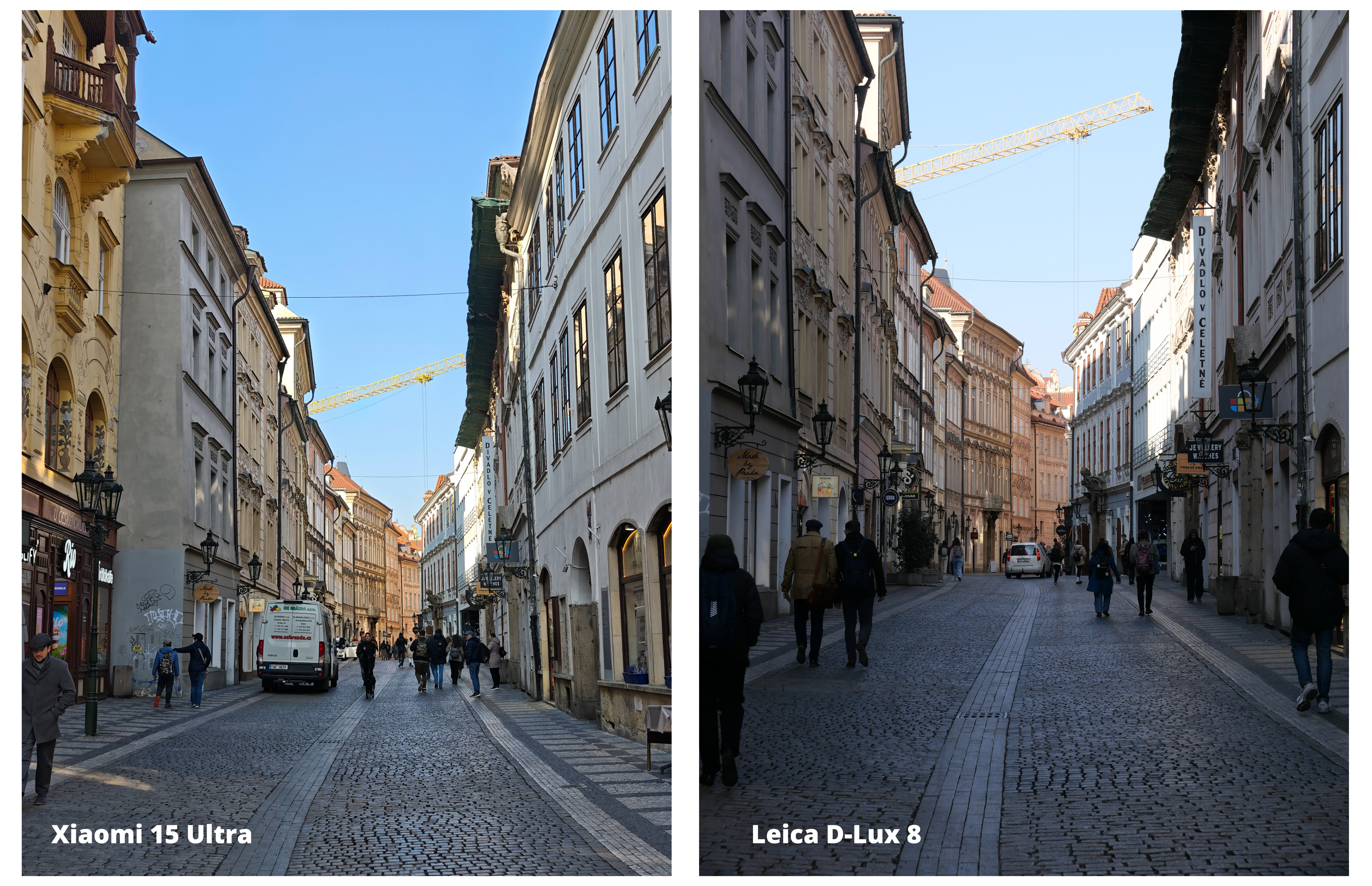 Two images of a street in Prague next to one another