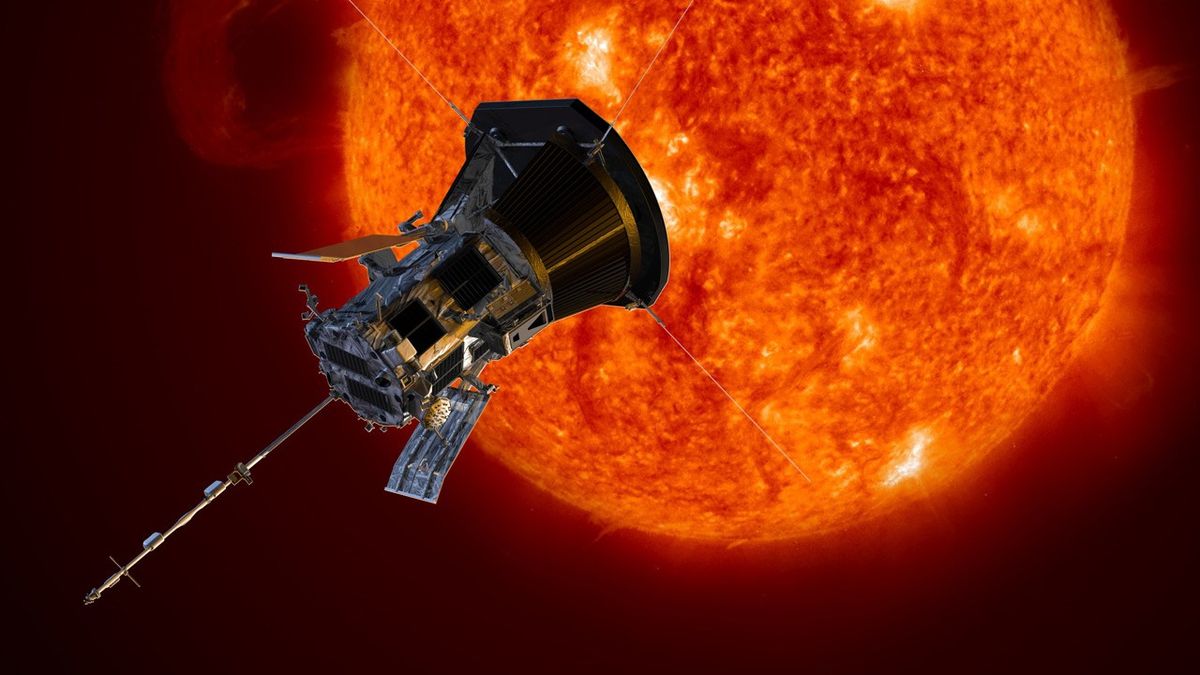 artist&#039;s illustration of nasa&#039;s parker solar probe observing the orange, highly active sun at close range.