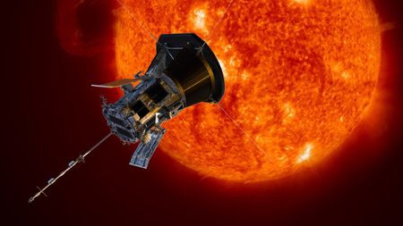 artist's illustration of nasa's parker solar probe observing the orange, highly active sun at close range.