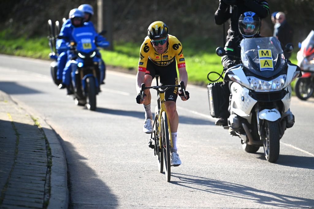 NINOVE BELGIUM FEBRUARY 25 Dylan Van Baarle of The Netherlands and Team JumboVisma competes in the breakaway during the 78th Omloop Het Nieuwsblad Elite 2023 Mens Elite a 2073km one day race from Ghent to Ninove OHN23 on February 25 2023 in Ninove Belgium Photo by Luc ClaessenGetty Images