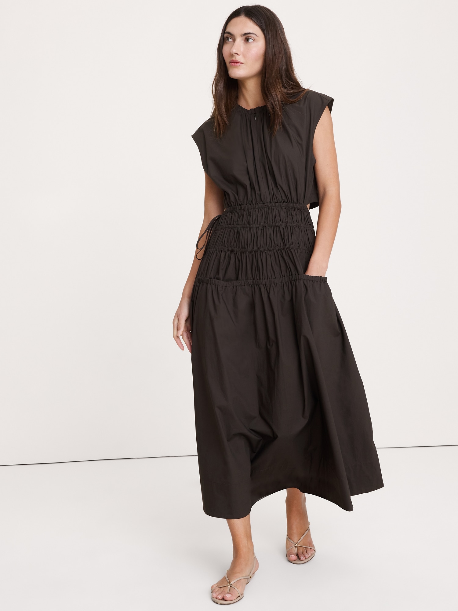 Smoked Cotton Poplin Maxi Dress with Open Back