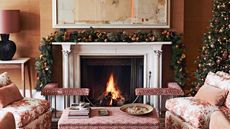 living room with festive decorations and fireplace