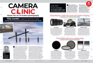 Opening two pages of the Camera Clinic tutorial in Digital Camera issue 287, November 2024, about photographing the coast