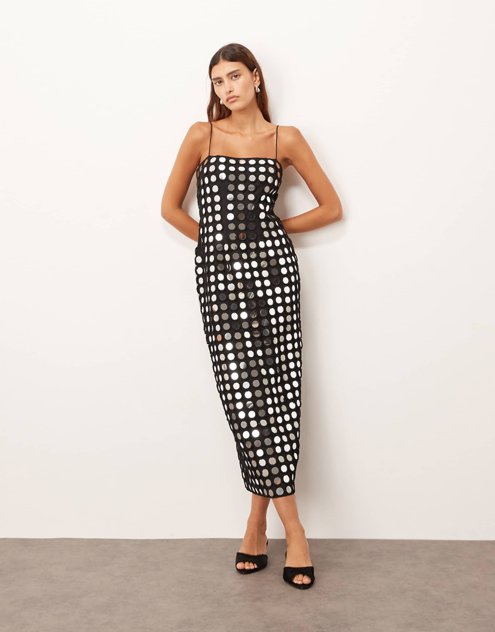Arrange Mirror Embellished Cami Column Midi Dress in Black